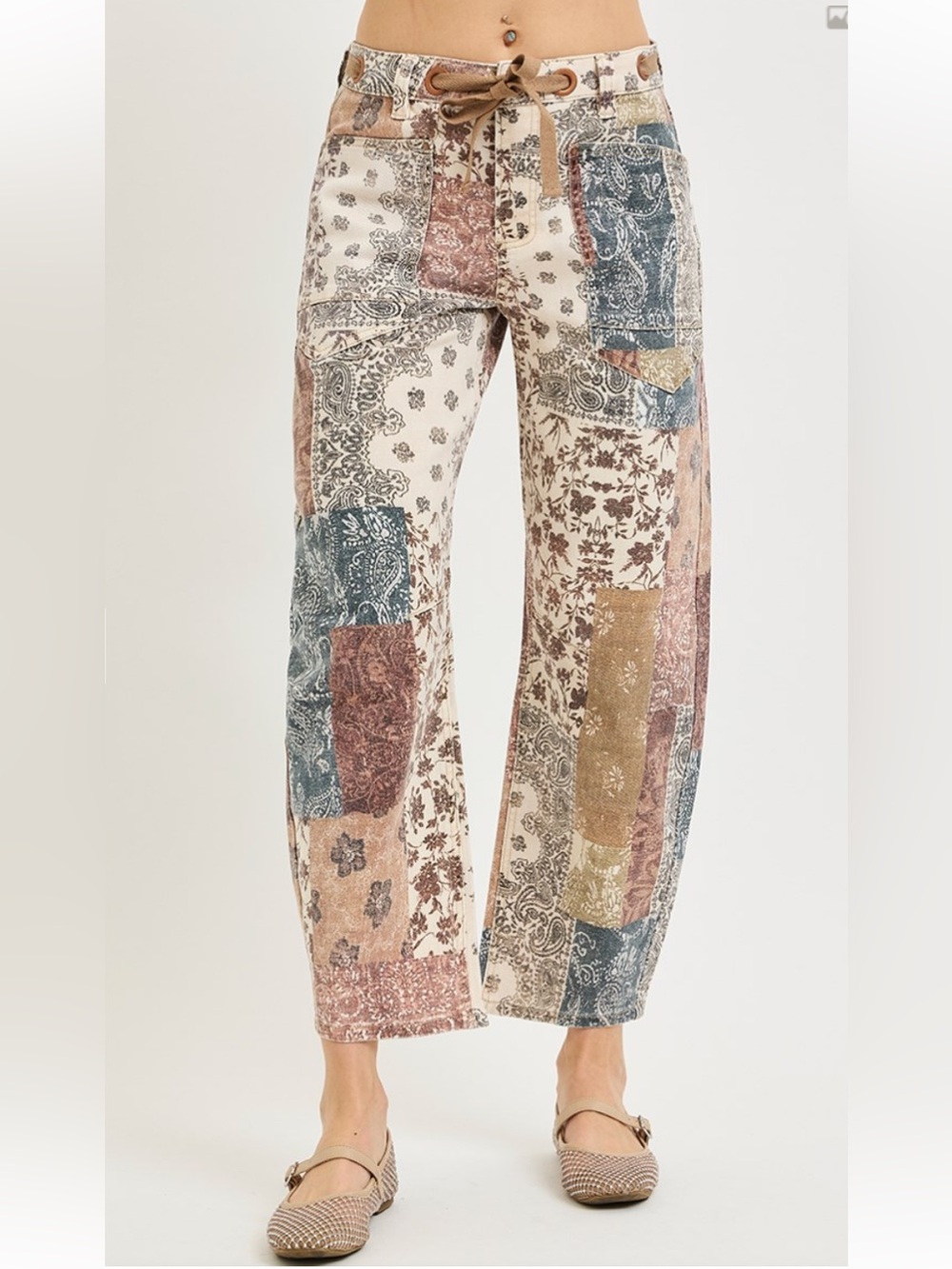 334 NEW ❤️RISEN SLOUCHY CROP BARREL PANTS JEANS WAISTBAND DRAWSTRING EYELET